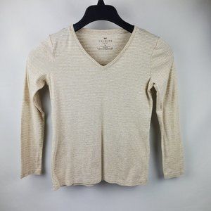 Talbots Petites Womens Shirt Stripe Long Sleeve V-Neck Cream Small Petite Cotton
